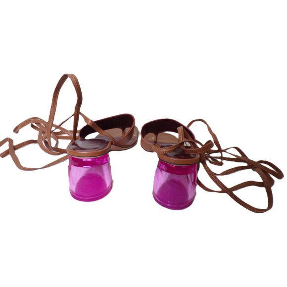 🆕STAUD Adora Lace Up Lucite Block Heel Sandal Shoes 7 Tan Pink - Picture 11 of 12